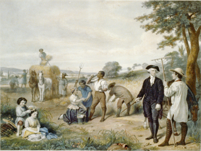 Washington standing among African-American fieldworkers harvesting grain. Image: Library of Congress.