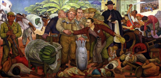 This painting by Diego Rivera, "Gloriosa Victoria,” tells the story of the 1954 overthrow of the democratically elected Jacobo Arbenz gov't. Coup Colonel Carlos Castillo Armas greets secretary of state John Foster Dulles, who holds a bomb with the face of Eisenhower, surrounded by people who were murdered in the coup. To his left is U.S. ambassador John Peurifoy with military officers and CIA director Allen W. Dulles whispering in his brother’s ear. On the right, the archbishop of Guatemala, Mariano Rossell Arellano blesses the act, while Guatemalans protest.