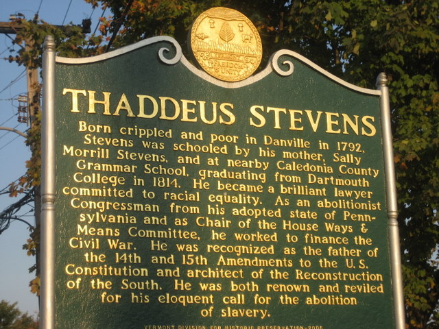The historical marker in Vermont for Thaddeus Stevens. Photo by The Danville Historical Society — danvillevthistorical.org.