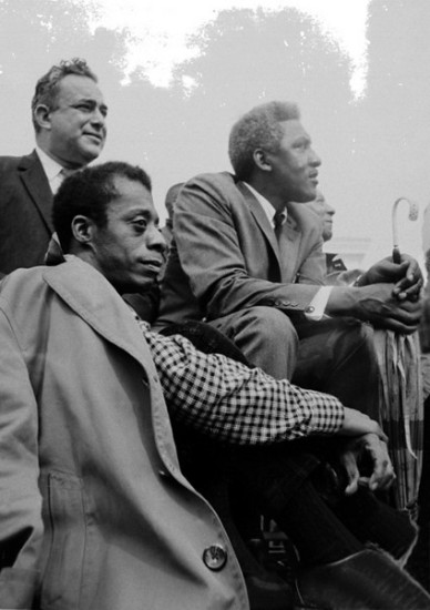James Baldwin, Bayard Rustin, and (barely visible) A Philip Randolph at the Selma to Montgomery marches; March 24-26, 1965. (c) Stephen Somerstein, Used here with permission. http://somerstein.smugmug.com/