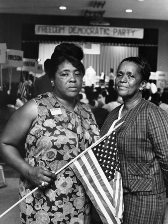 Fannie Lou Hamer and Ella Baker, later in 1964 at a Mississippi Freedom Democratic Party convening. Photo: © Johnson Publishing Company.