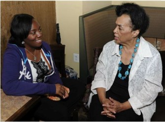Dorie Ladner and student from McComb talk at Eatonville in D.C. June 2012. Photo by Victor Holt.