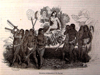 The Taíno Indians regale Queen Anacaona in an engraving of 1851 for the Spanish edition of the book Life and Voyages of Christopher Columbus.